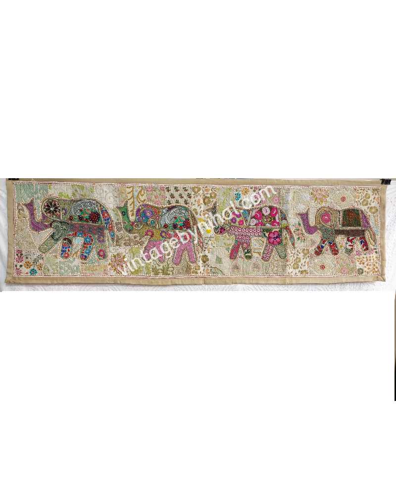 Beige Saree Patchwork ELEPHANT FAMILY Tapestry 